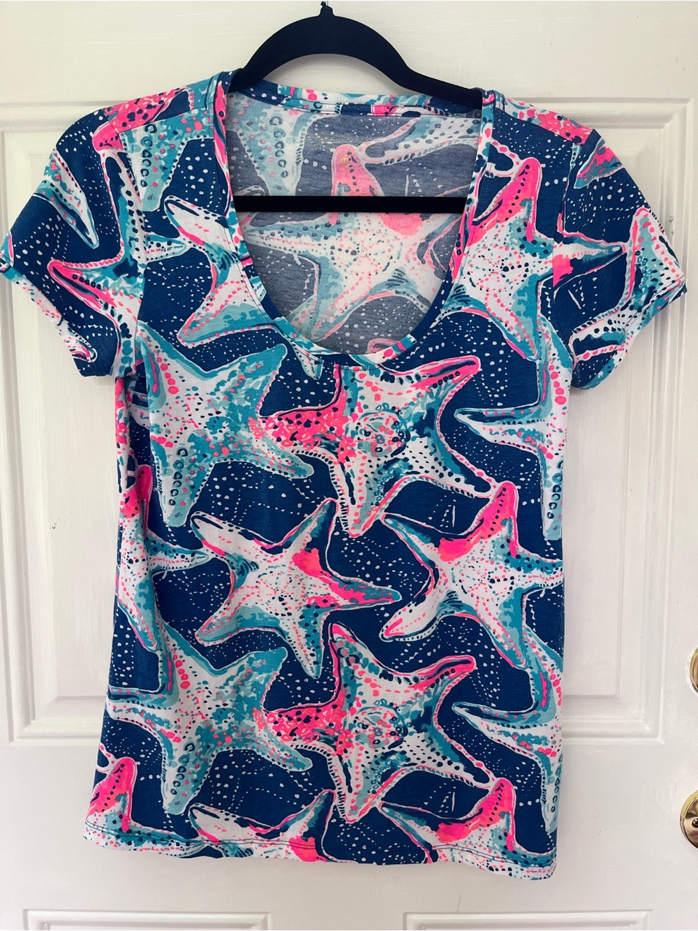 Lilly Pulitzer Medium Navy, Pink & Aqua Starfish Dori Scoop Neck Tee